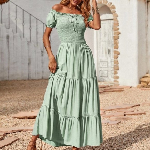 Mint Green  Shirred Ruffle Hem Off Shoulder Dress - Picture 4 of 5